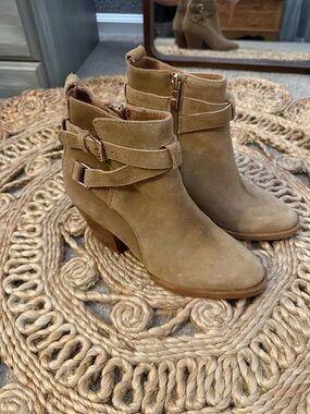 Matiko Women's Tan Suede Ankle Boots with Buckle Strap Size 36